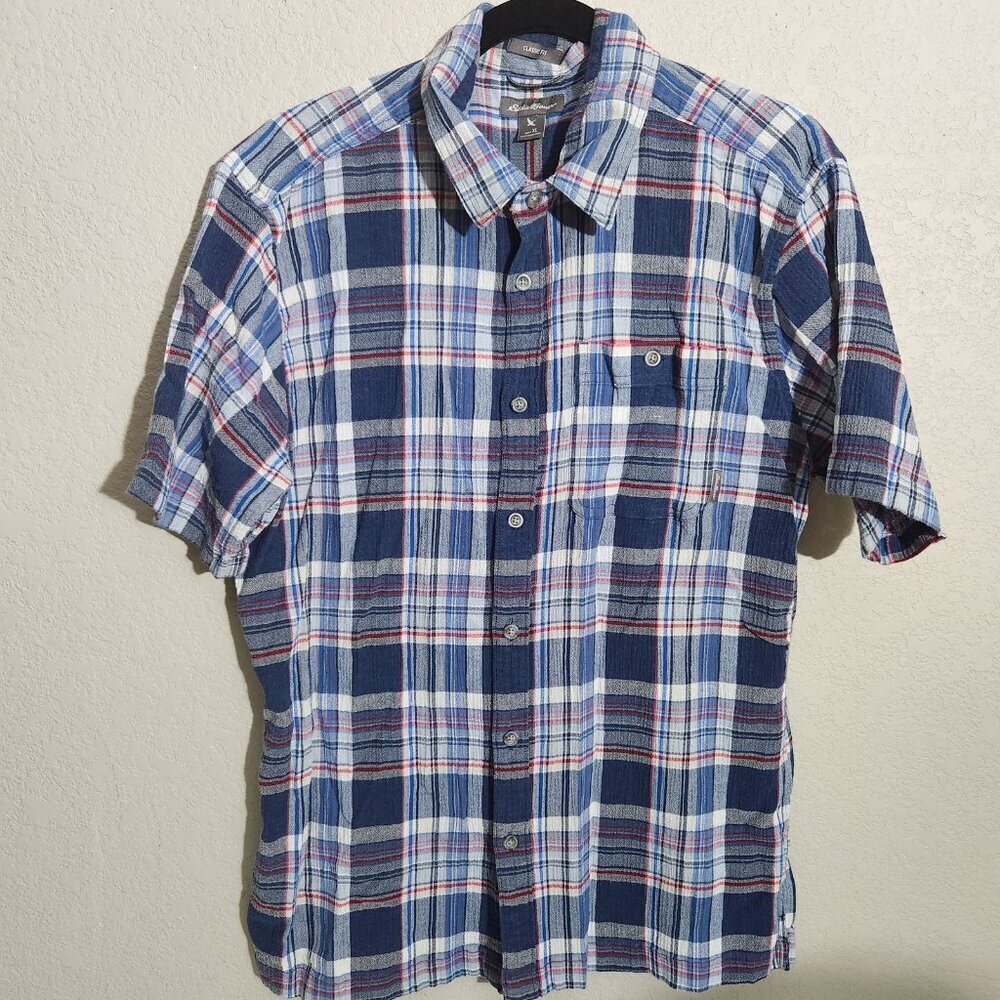 Eddie Bauer Shirt Mens XL Blue Red Plaid Classic Fit Short Sleeve Cotton Pocket